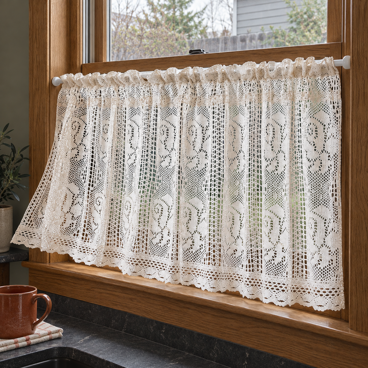 Ivory lace cafe curtain - side-drape
