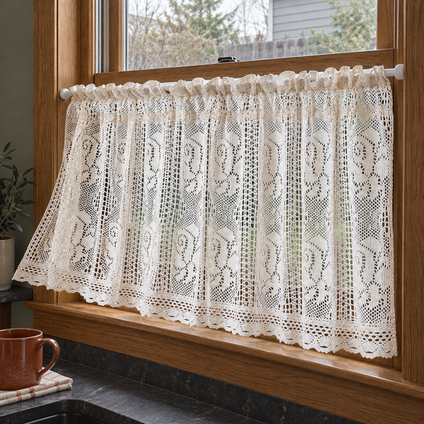 Ivory lace cafe curtain - side-drape