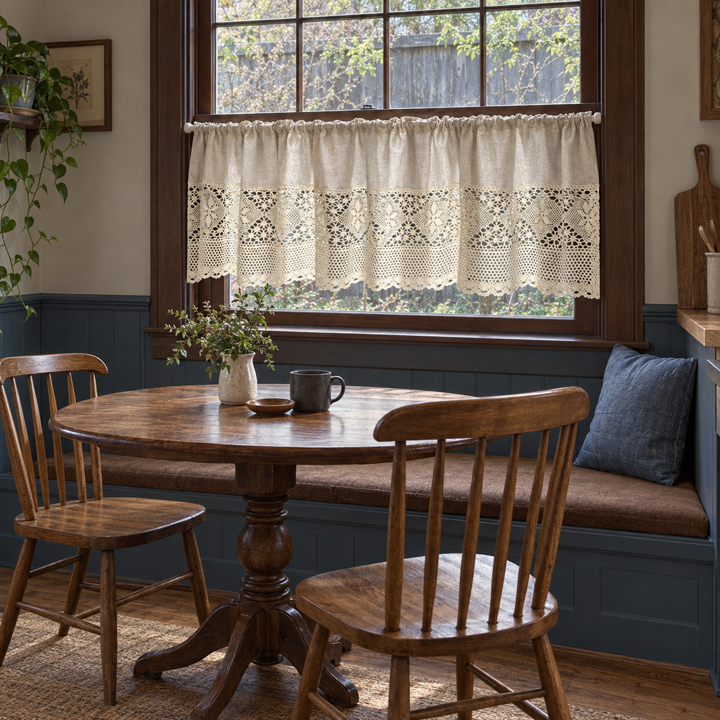 Oatmeal curtain with cream lace - breakfast