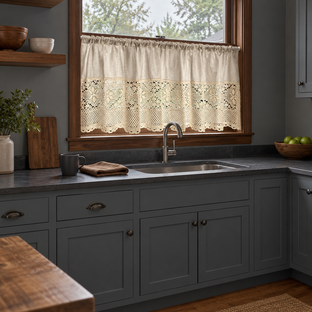 Oatmeal curtain with cream lace - kitchen