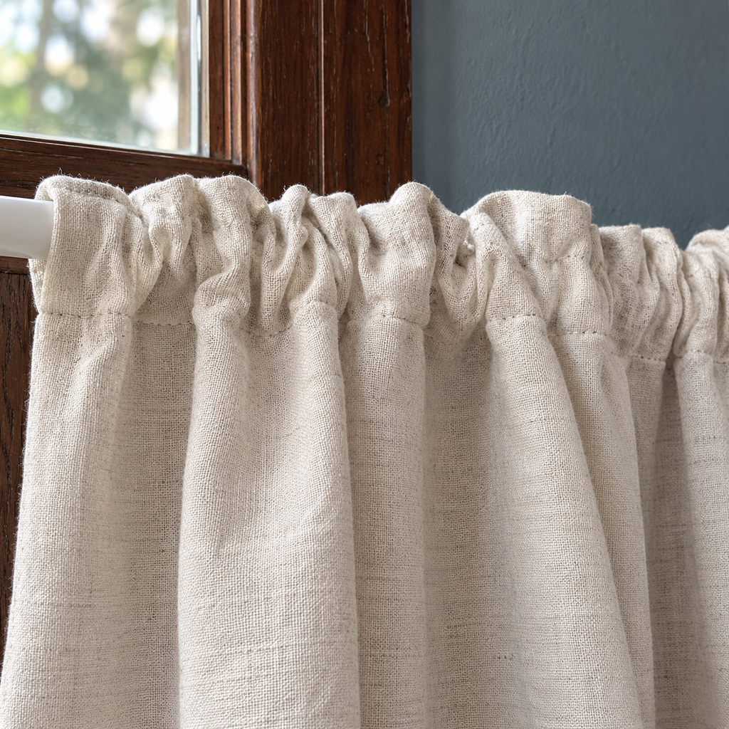 Oatmeal curtain with cream lace - header