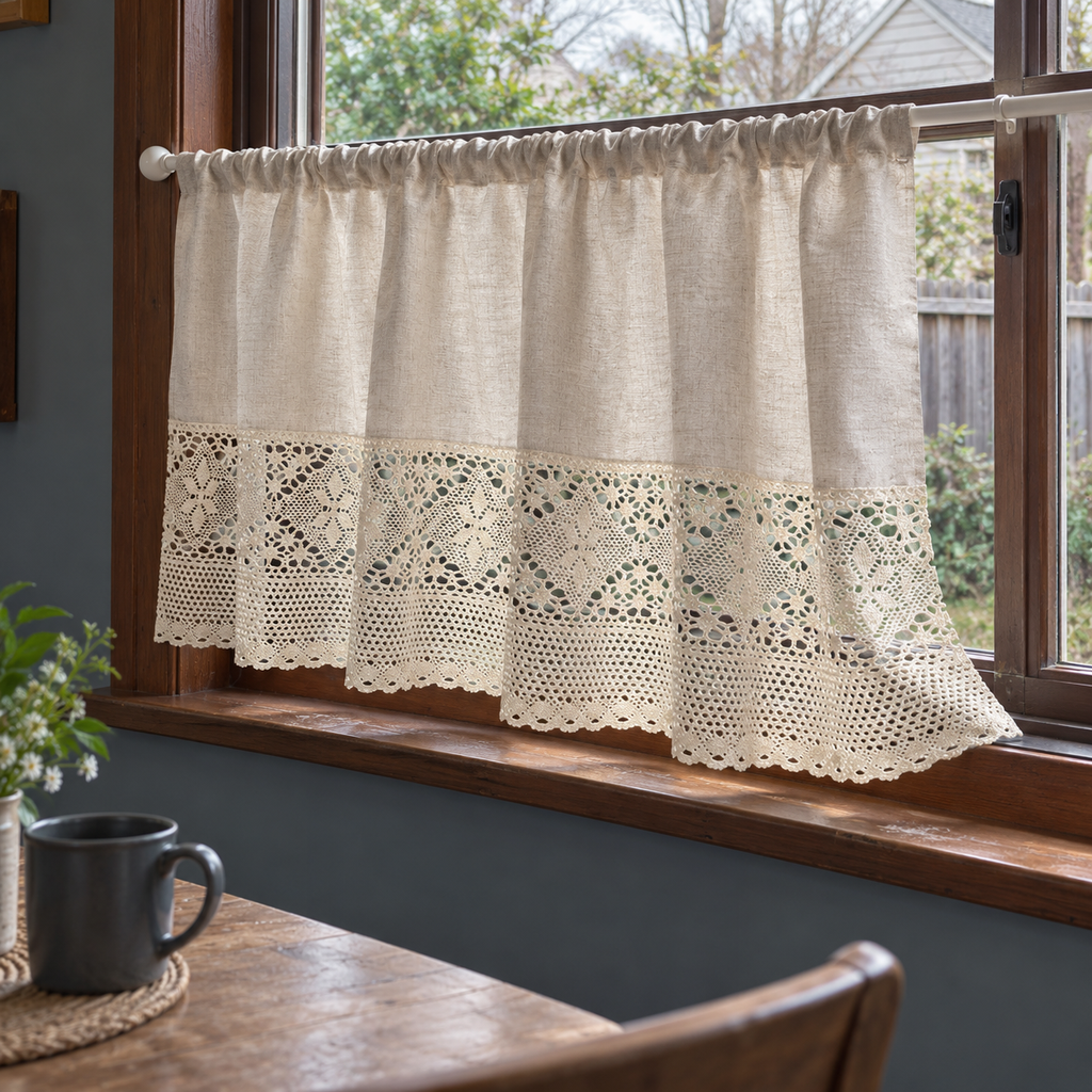 Oatmeal curtain with cream lace - side