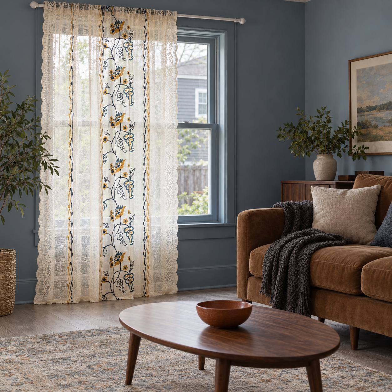 Bohomian Lace Embroidery Flowers Curtains, Beige Hollow Semi-Sheer Curtain Valances, Farmhouse Kitchen Curtain, Cafe Curtain with Tassels Secondary image