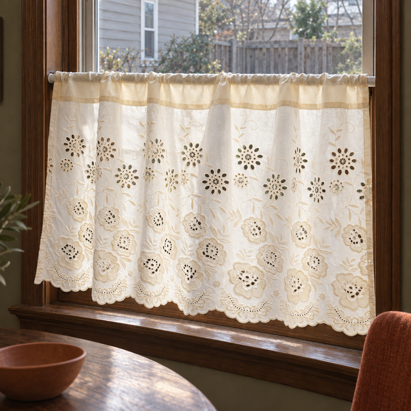 Ivory cutwork floral short curtain — hero view