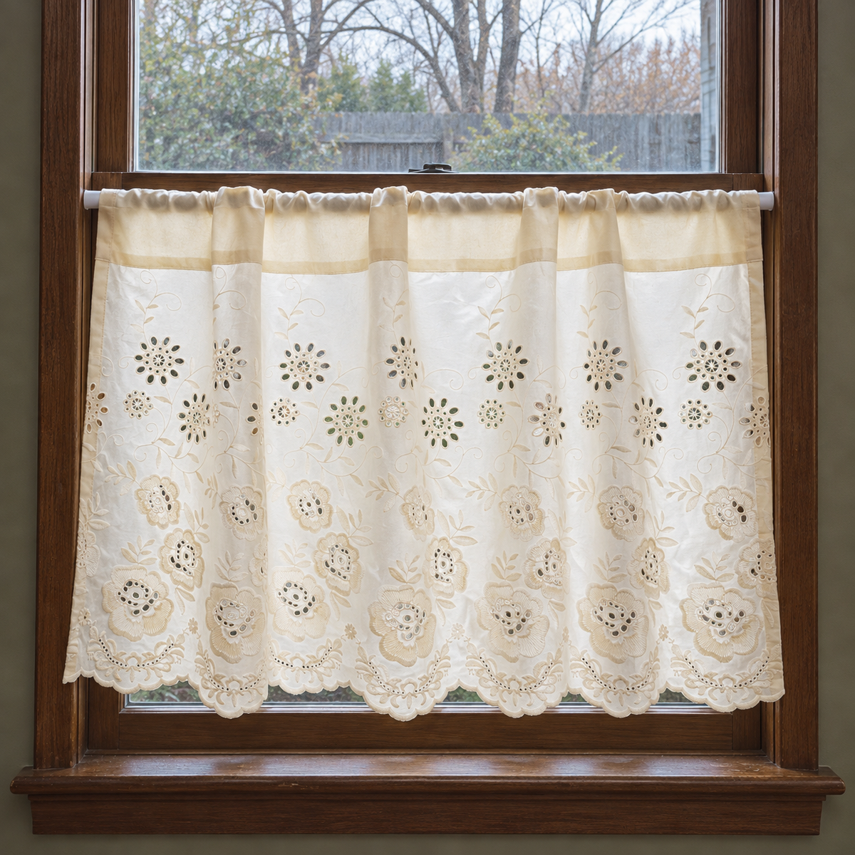 Ivory cutwork floral short curtain — complete view