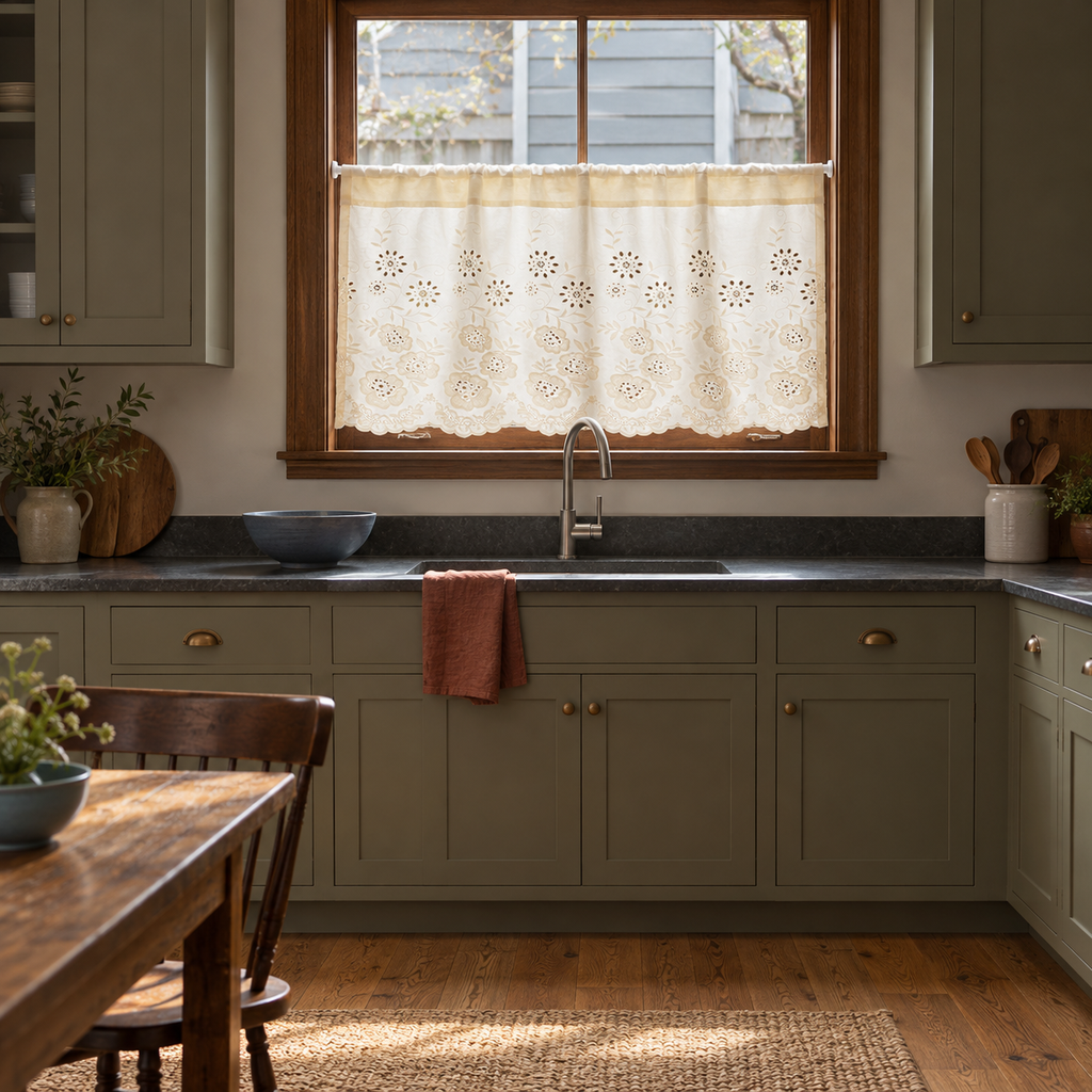 Ivory cutwork floral short curtain — kitchen view