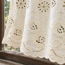 Ivory cutwork floral short curtain — hem view