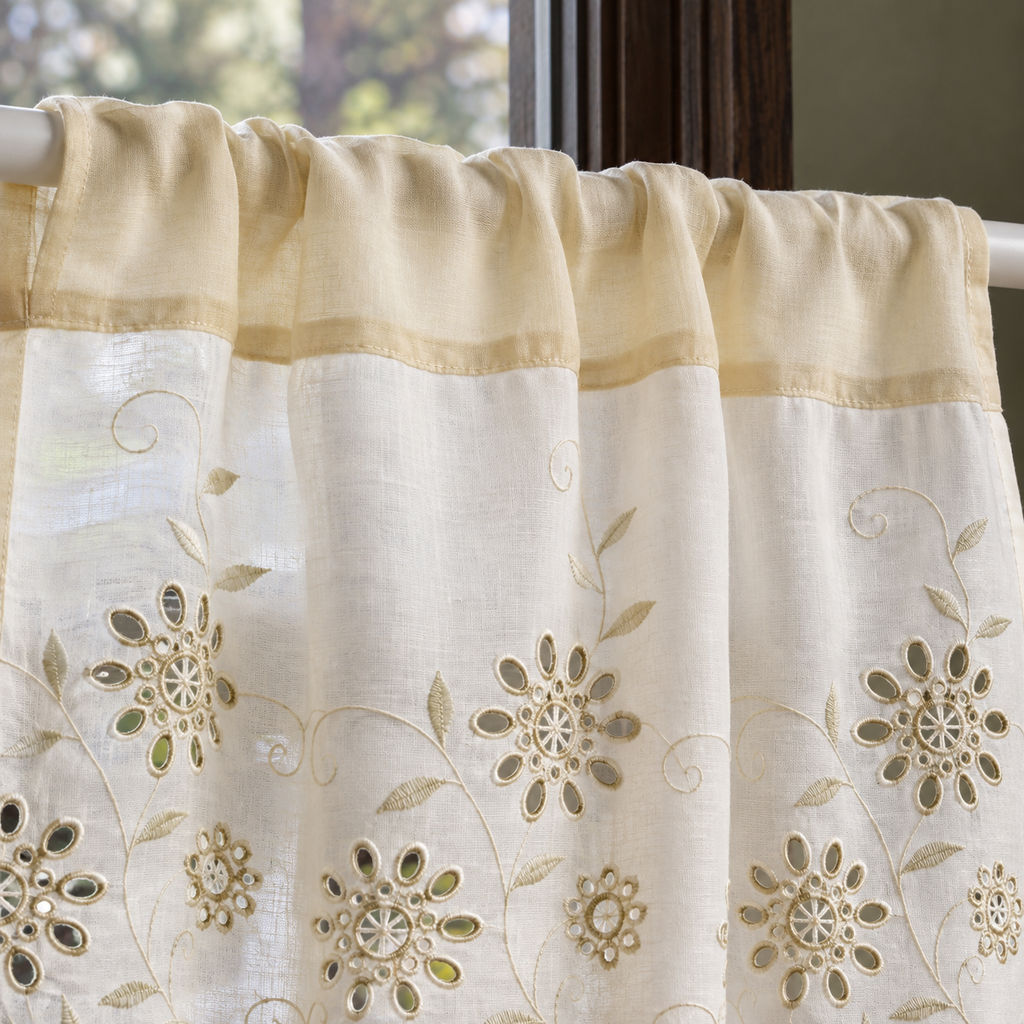 Ivory cutwork floral short curtain — pocket view