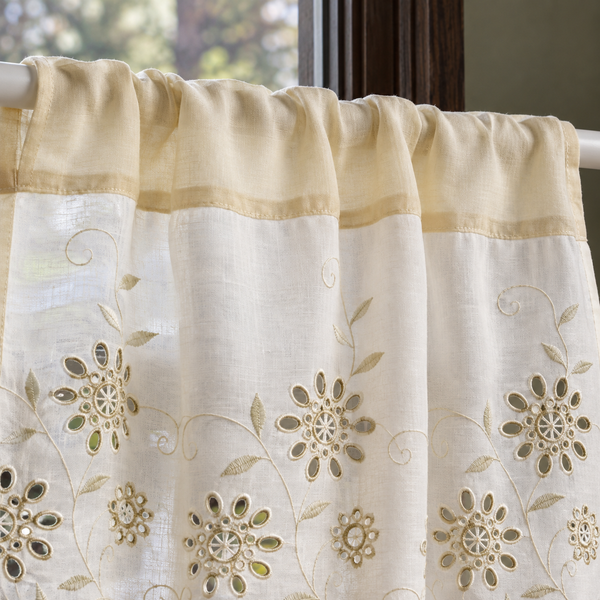 Ivory cutwork floral short curtain — pocket view