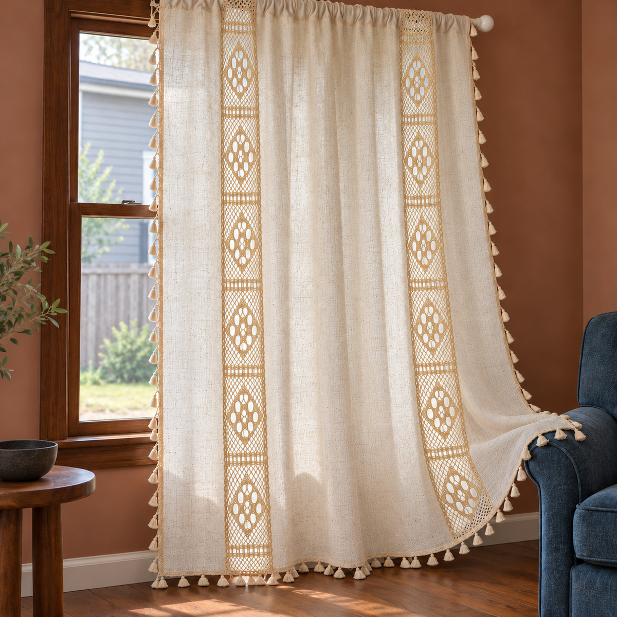 Oatmeal curtain with crochet inserts in a living room Main image