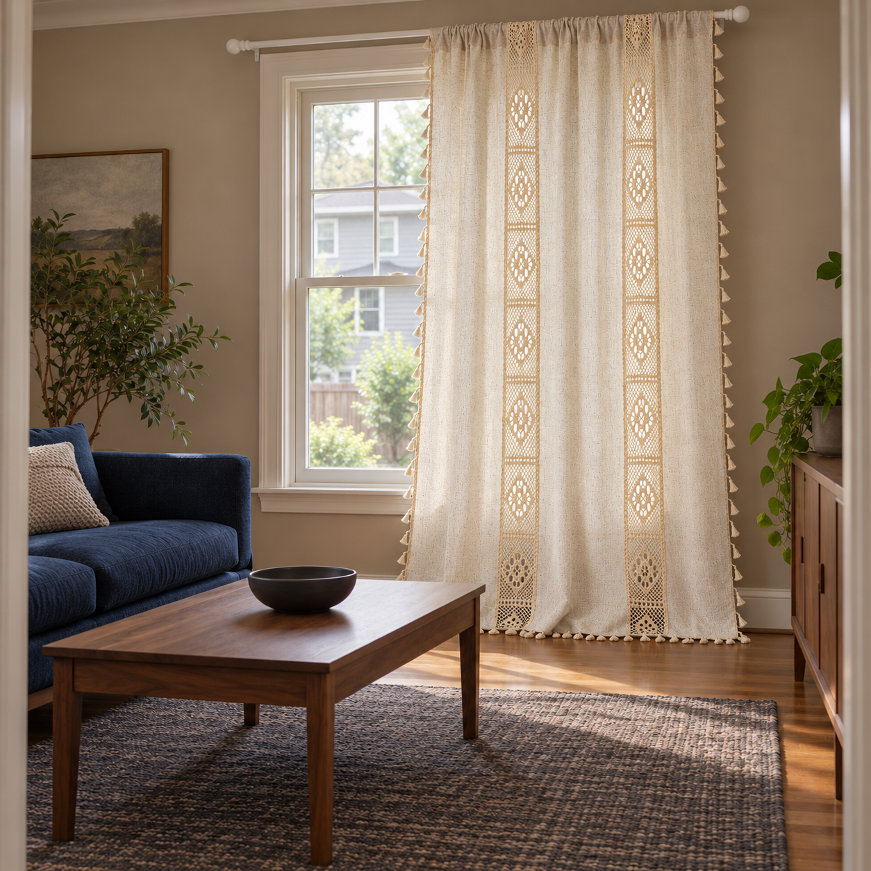 New Farmhouse Curtain, Crochet Hollow Splicing Curtain, Boho Style Cotton Linen Beige Curtain for Bedroom,Living Room, Semi Blackout Curtain Secondary image