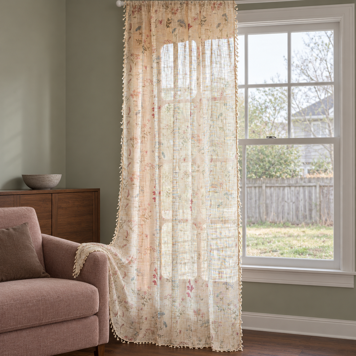 Floral curtain with naturally supported drape Main image