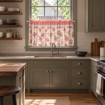 Red and pink rose short curtain with gingham header - kitchen-room