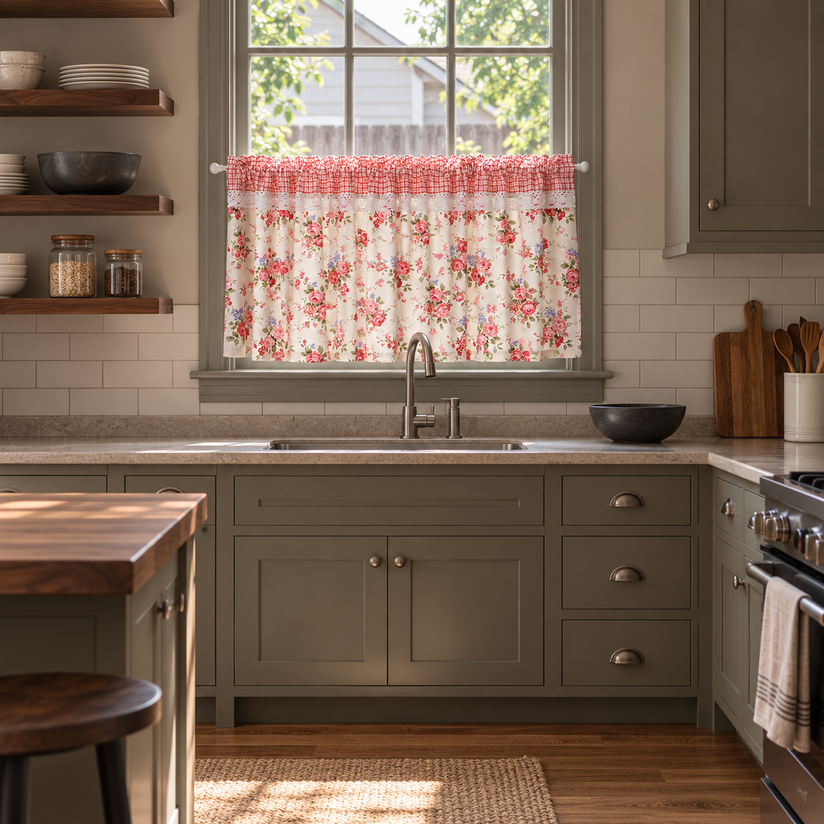 Red and pink rose short curtain with gingham header - kitchen-room