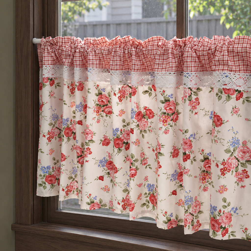 Red and pink rose short curtain with gingham header - transmission