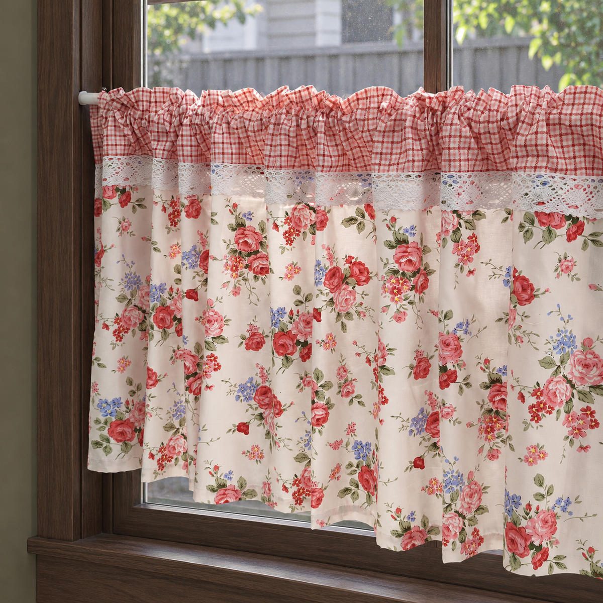 Red and pink rose short curtain with gingham header - transmission