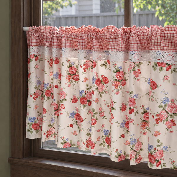 Red and pink rose short curtain with gingham header - transmission