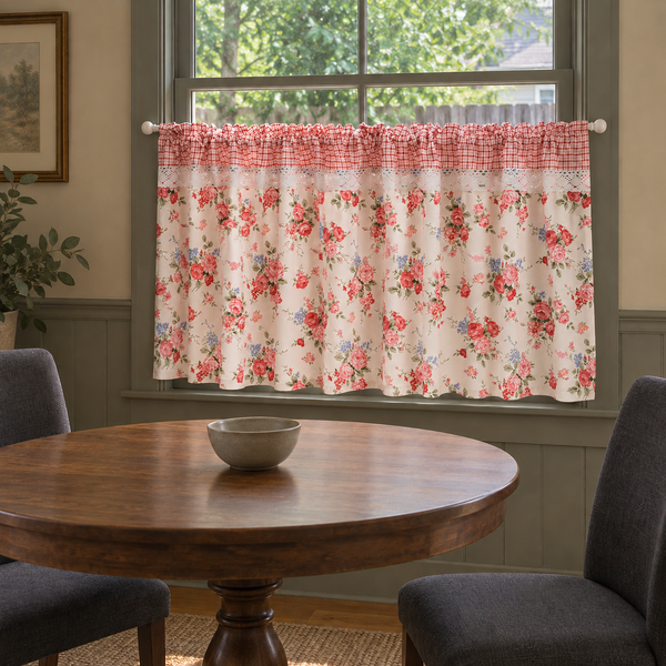 Red and pink rose short curtain with gingham header - breakfast-room
