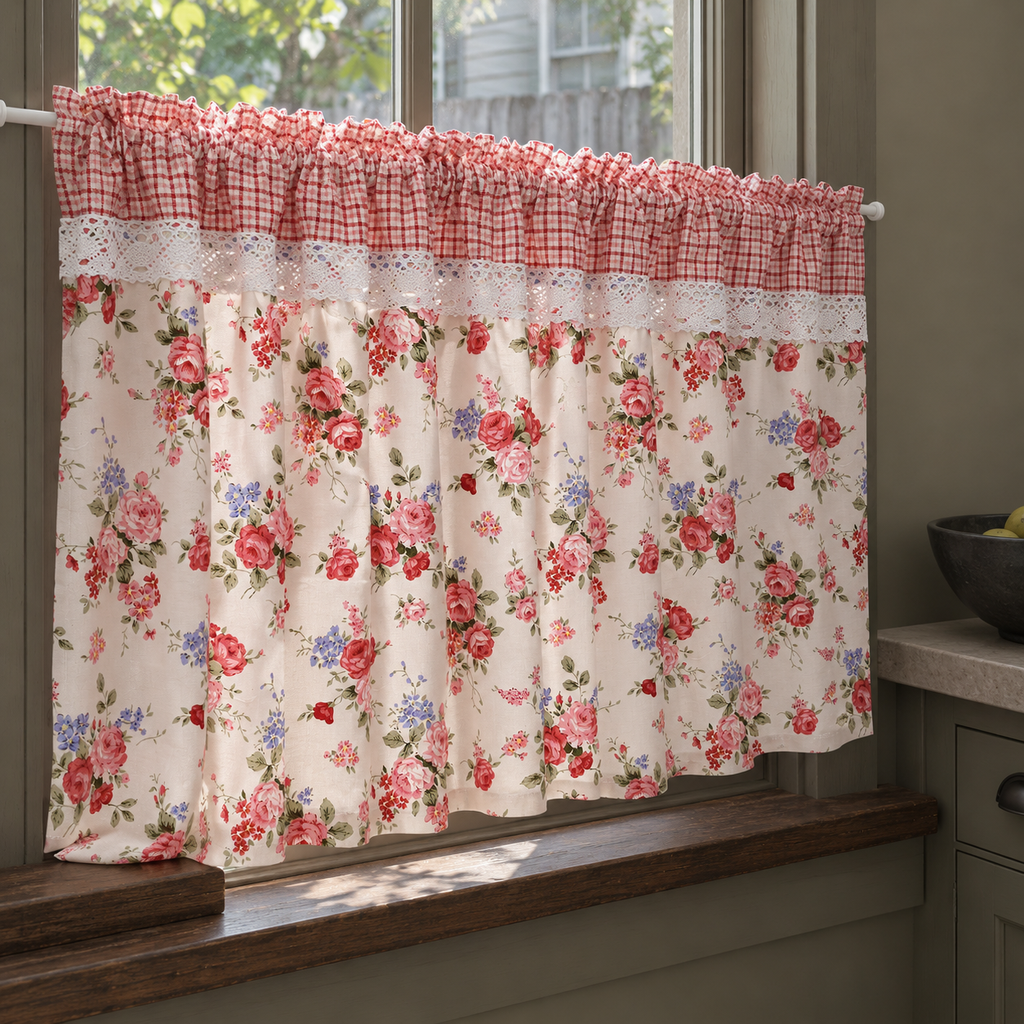 Red and pink rose short curtain with gingham header - natural-drape