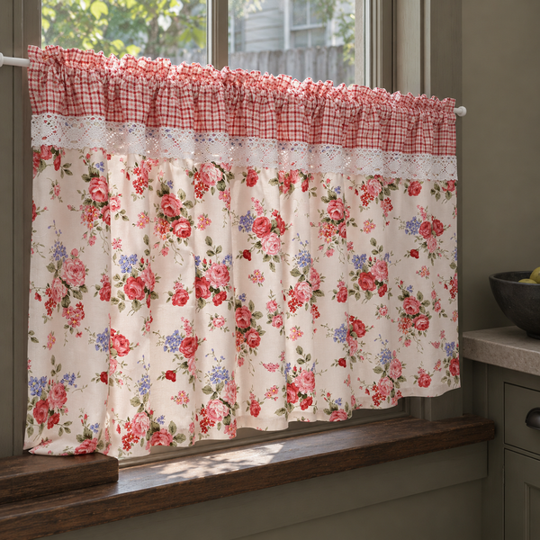 Red and pink rose short curtain with gingham header - natural-drape