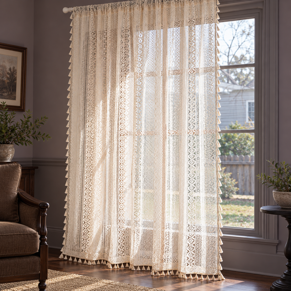 Cream vertical patterned open lace curtain — hero