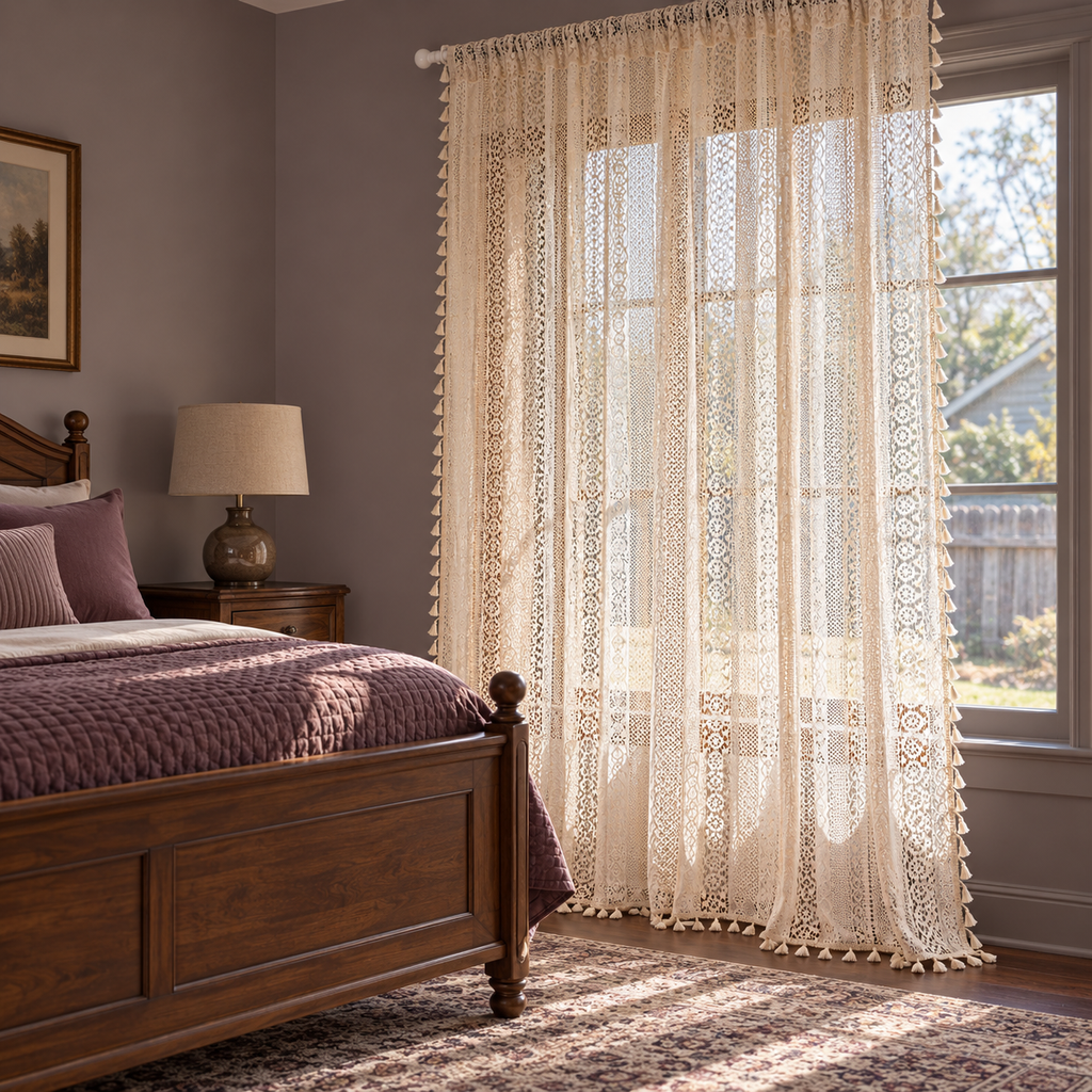 Cream vertical patterned open lace curtain — bedroom-room