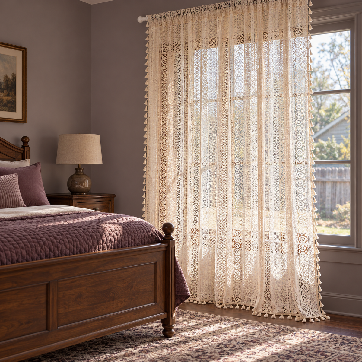 Cream vertical patterned open lace curtain — bedroom-room