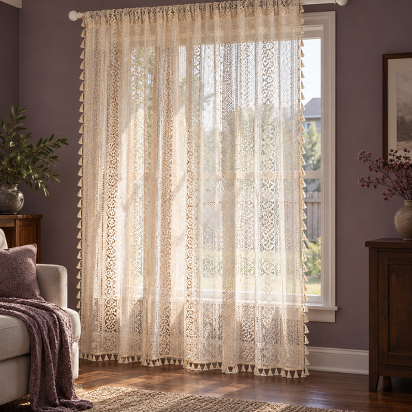 Cream vertical patterned open lace curtain — transmission