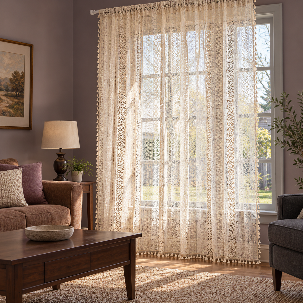 Cream vertical patterned open lace curtain — living-room