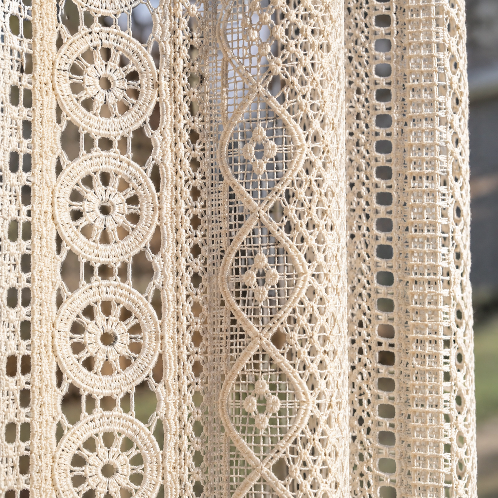 Cream vertical patterned open lace curtain — weave-detail