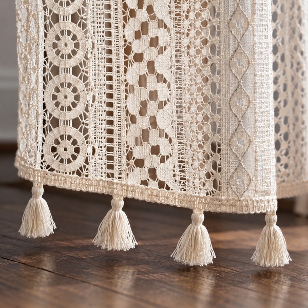 Cream vertical patterned open lace curtain — tassel-detail