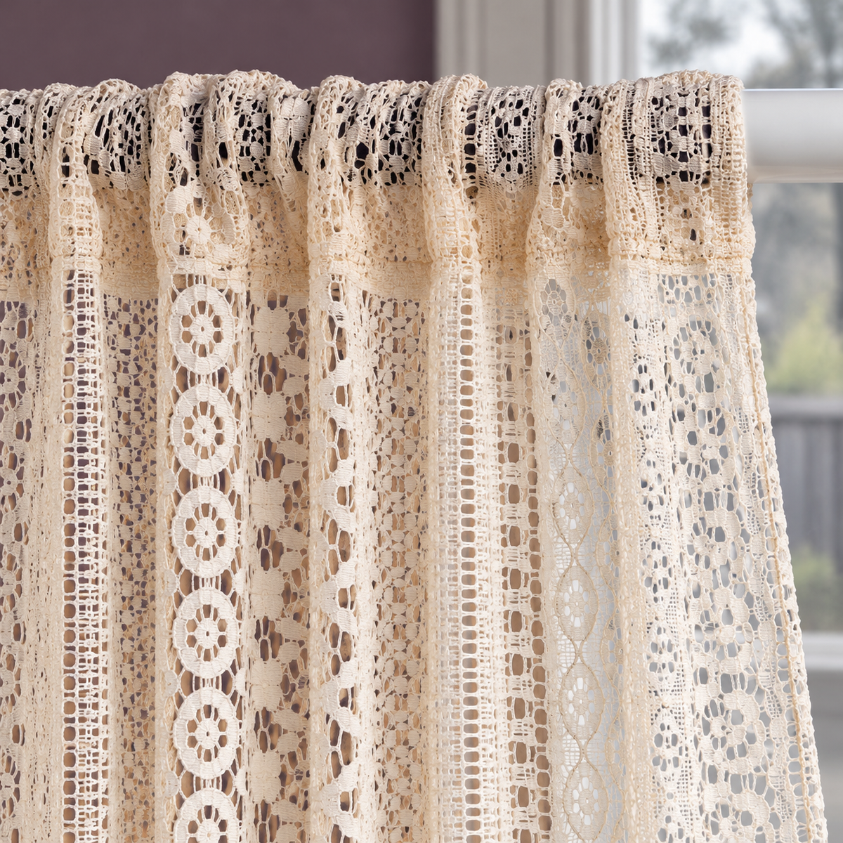 Cream vertical patterned open lace curtain — pocket-detail
