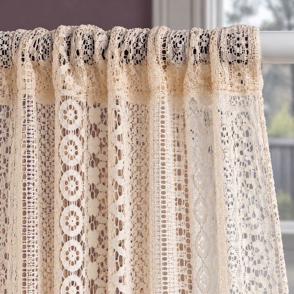 Cream vertical patterned open lace curtain — pocket-detail
