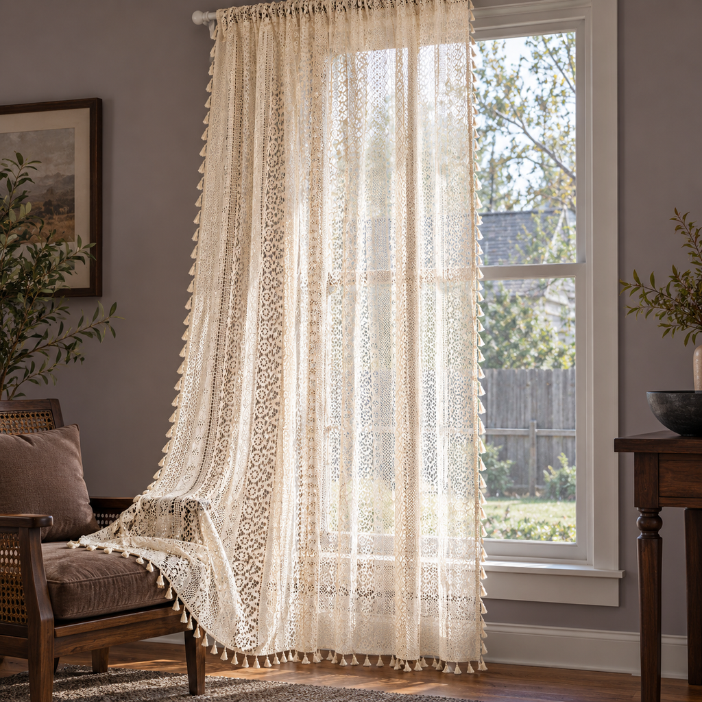Cream vertical patterned open lace curtain — supported-drape