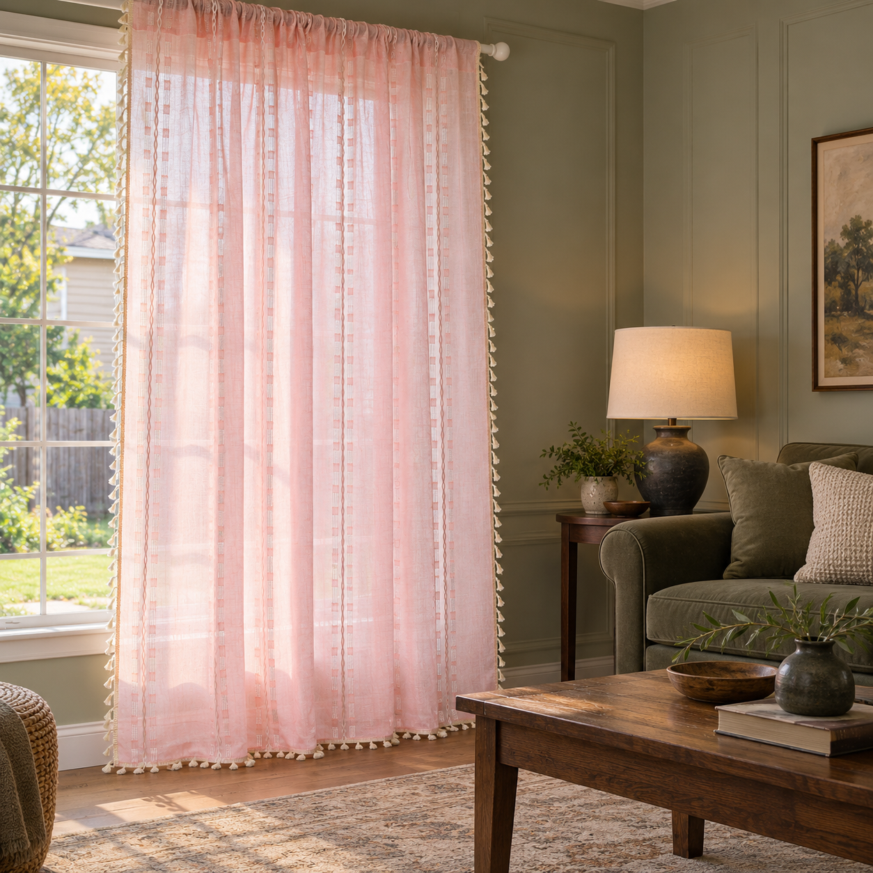 Light Pink Shabby Chic Boho Window Curtains, Farmhouse Countryside Kitchen Curtains with Tassels, Curtains for Living Room and Bedroom Secondary image