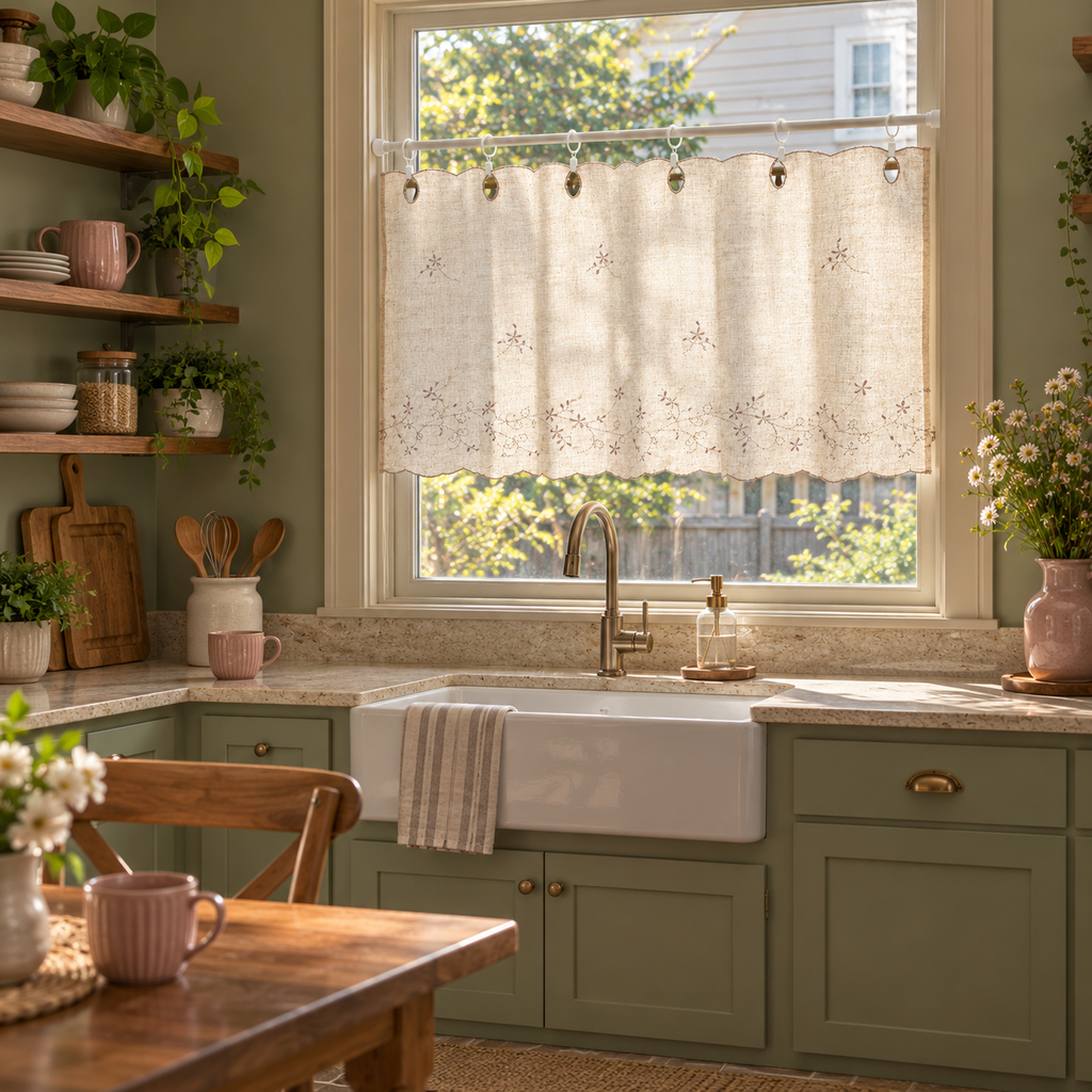 Embroidered scalloped cafe curtain - whole-room