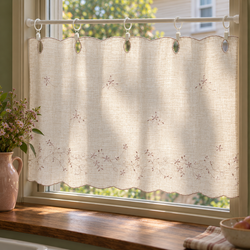 Embroidered scalloped cafe curtain - transmission