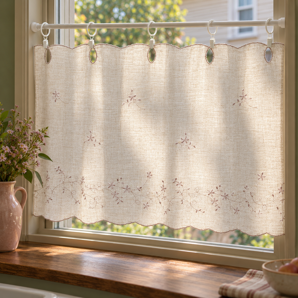 Embroidered scalloped cafe curtain - transmission