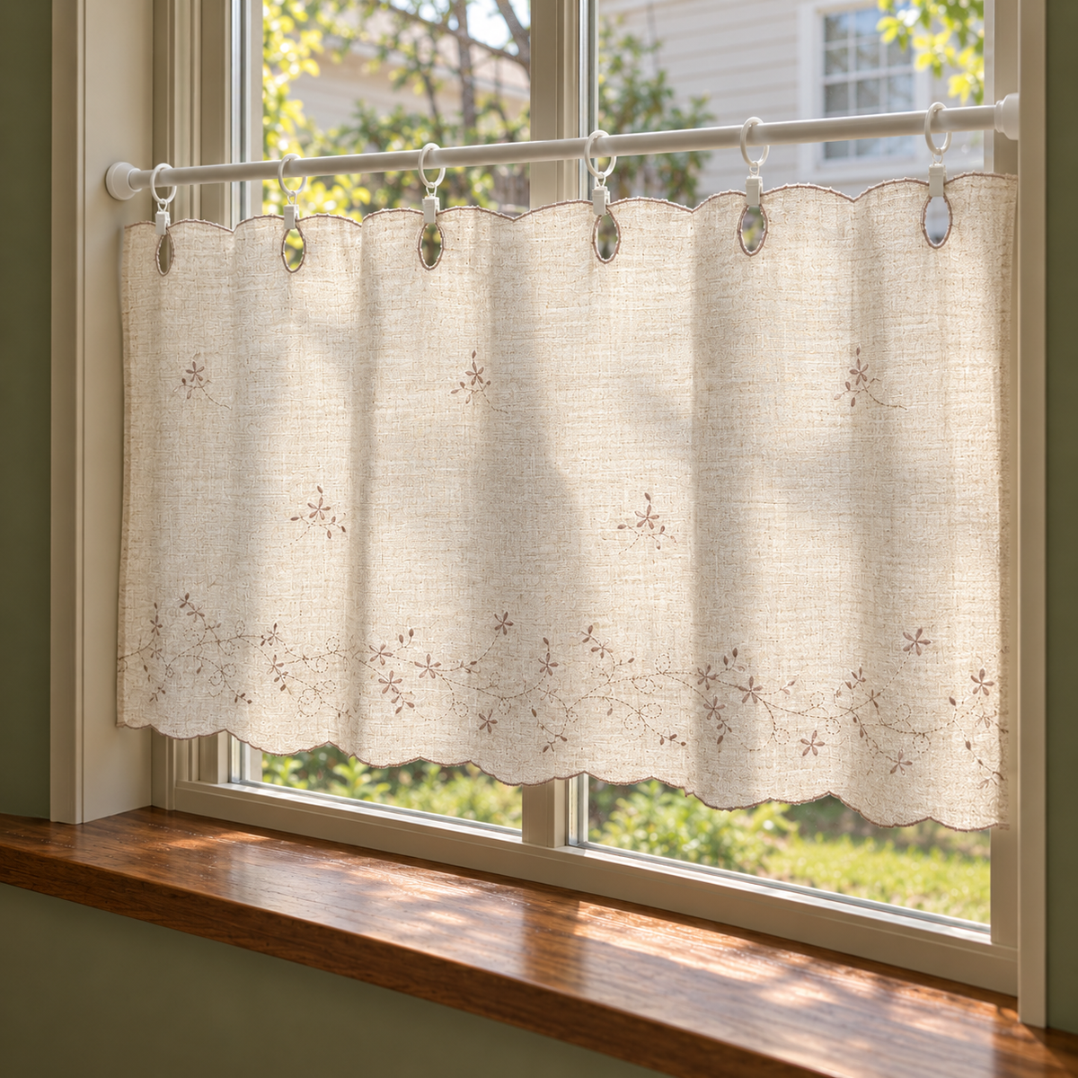 Embroidered scalloped cafe curtain - drape