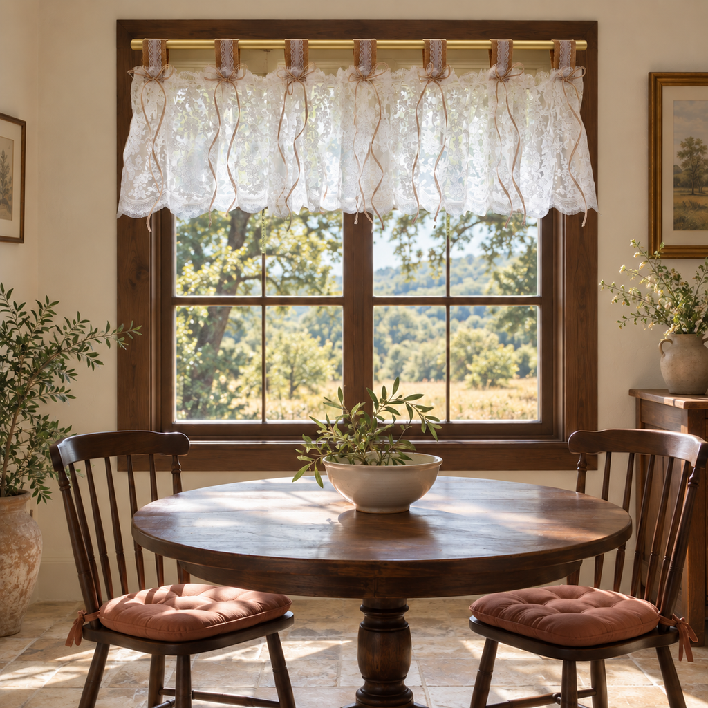 White floral lace valance - full-breakfast-scene