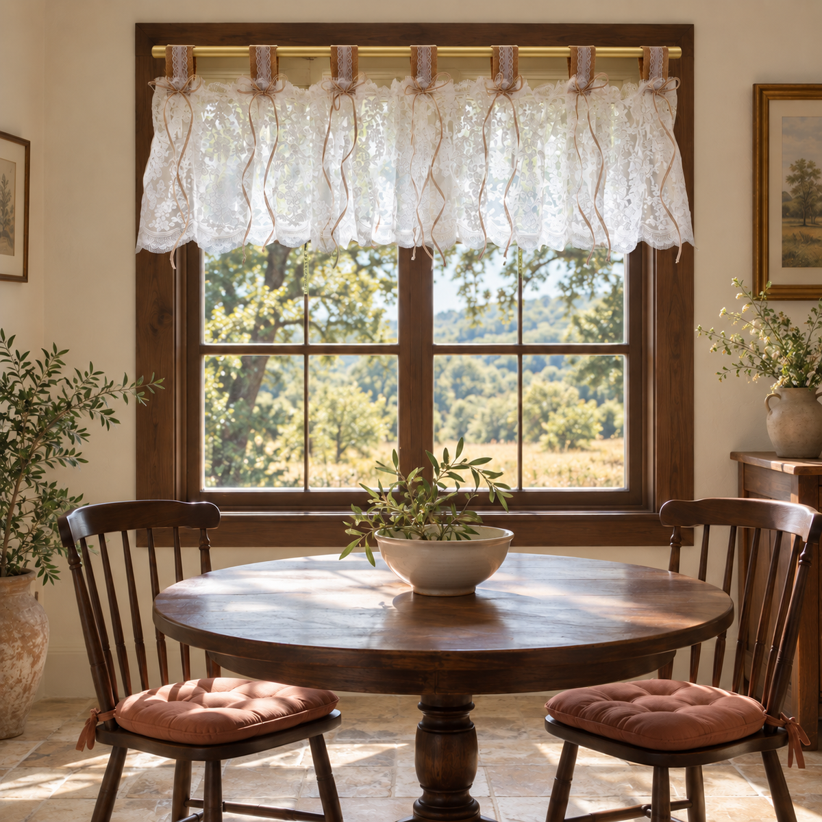 White floral lace valance - full-breakfast-scene