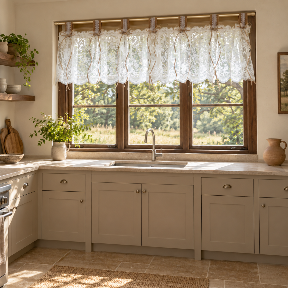 White floral lace valance - full-kitchen-scene