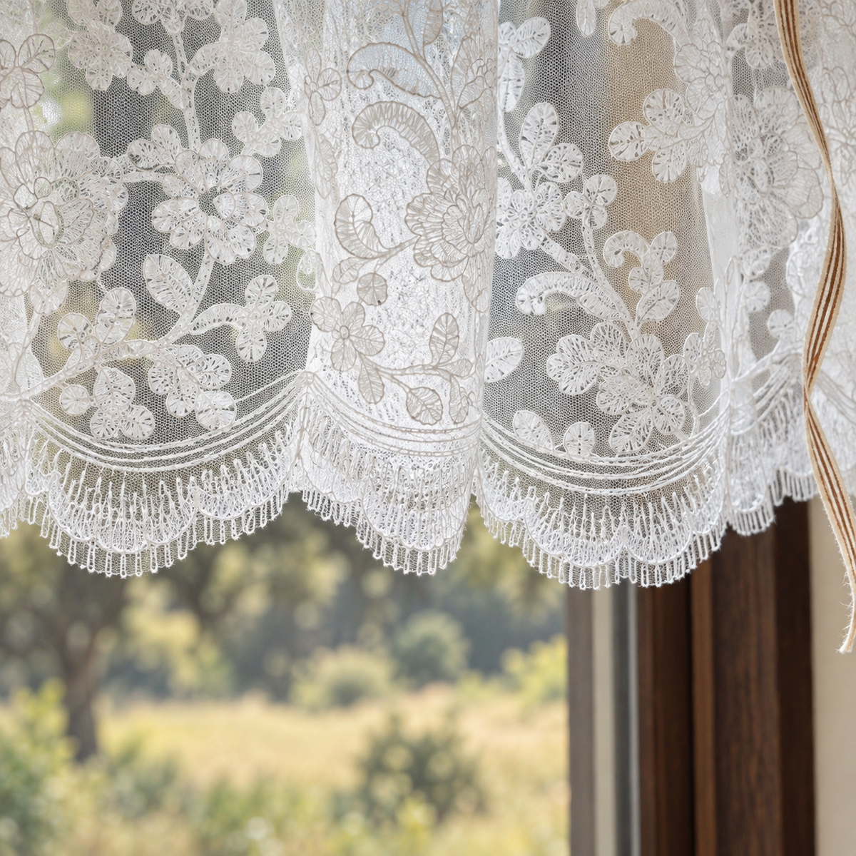 White floral lace valance - scalloped-hem-detail
