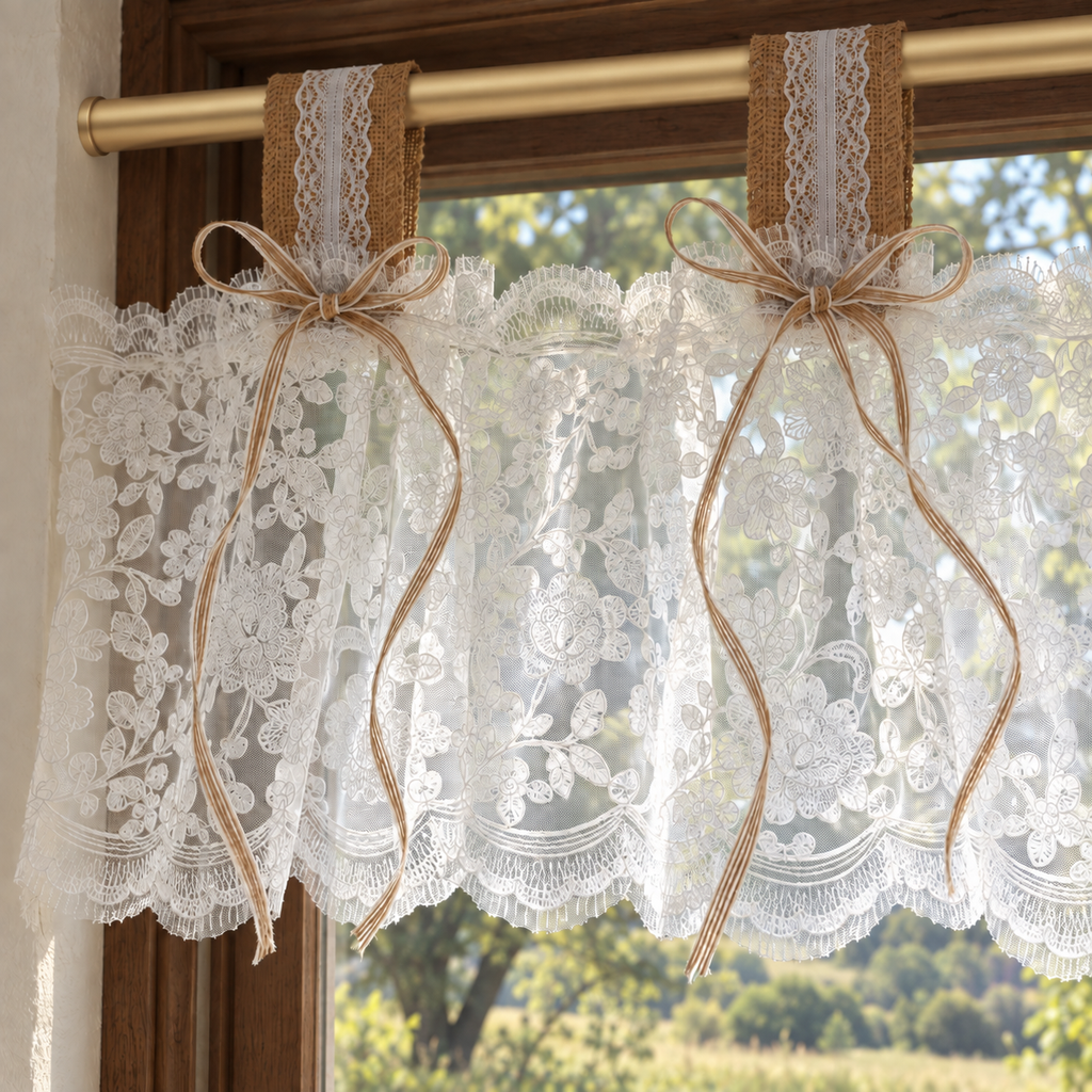 White floral lace valance - tab-and-bow-detail