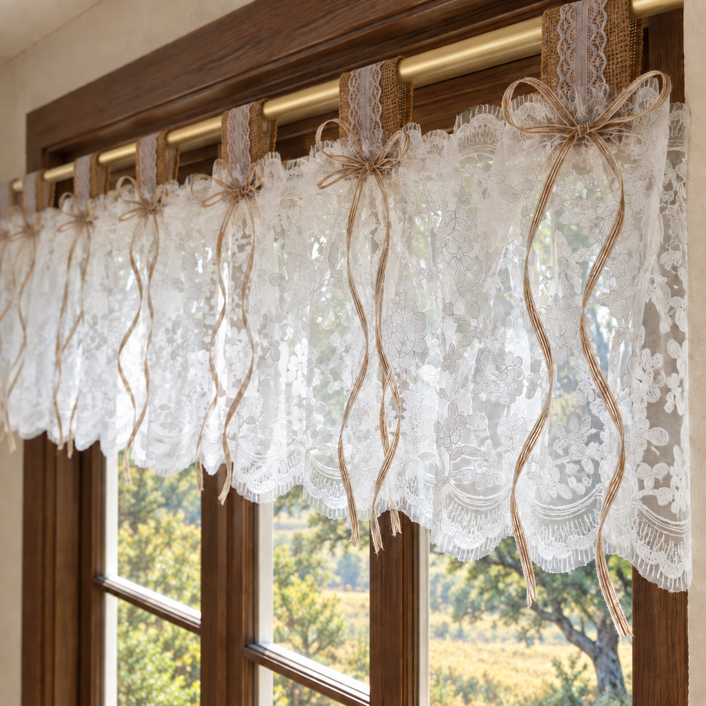 White floral lace valance - natural-drape