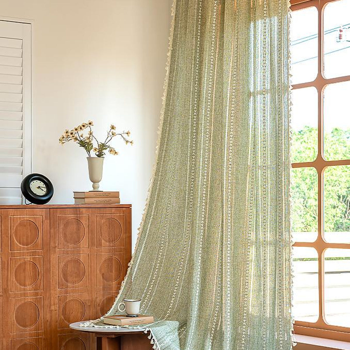 Green Boho Curtain, Linen Curtain Panel, Farmhouse Countryside Kitchen Curtains, Curtains for Living Room and Bedroom, Custom Curtains Sizes Main image
