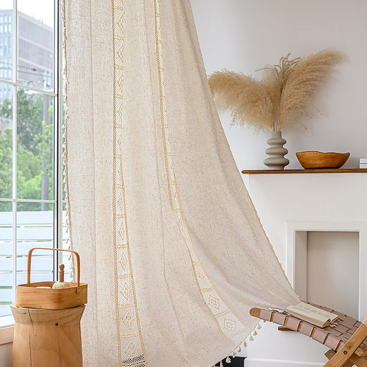New Farmhouse Curtain, Crochet Hollow Splicing Curtain, Boho Style Cotton Linen Beige Curtain for Bedroom,Living Room, Semi Blackout Curtain Main image
