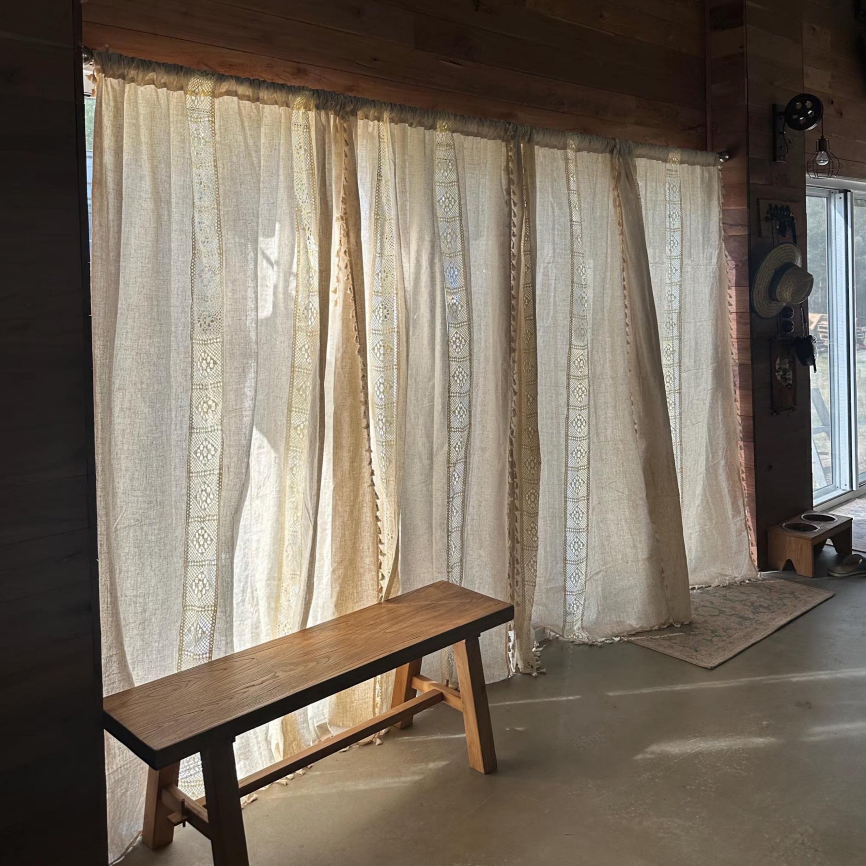 New Farmhouse Curtain, Crochet Hollow Splicing Curtain, Boho Style Cotton Linen Beige Curtain for Bedroom,Living Room, Semi Blackout Curtain Secondary image