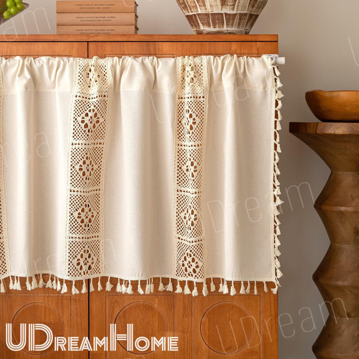 Linen Cafe Curtain: Crochet Lace, Boho Farmhouse Style – primary product view Main image