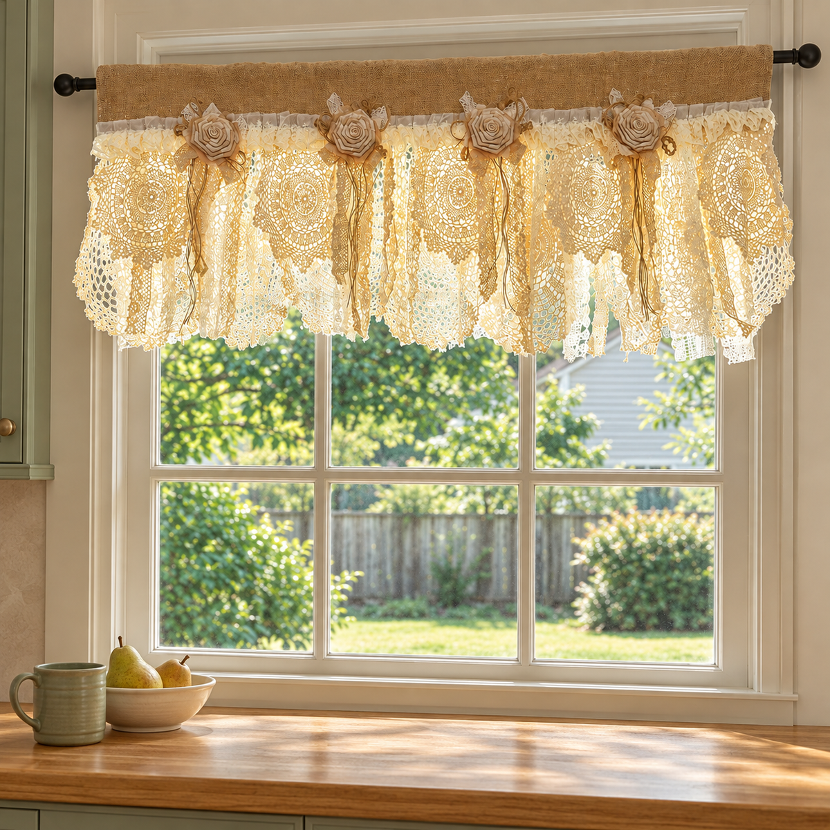 Rustic patchwork lace valance with flowers - scene-hero
